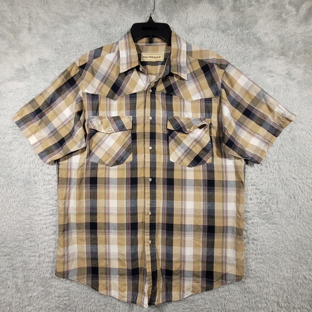 Bit & Bridle Western Pearl Snap Shirt Mens Large Tan Plaid Short‎ Sleeve Cowboy